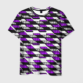 Мужская футболка 3D с принтом Фиолетовые треугольники и квадраты на белом фоне в Екатеринбурге, 100% полиэфир | прямой крой, круглый вырез горловины, длина до линии бедер | 