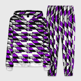 Мужской костюм 3D с принтом Фиолетовые треугольники и квадраты на белом фоне в Петрозаводске, 100% полиэстер | Манжеты и пояс оформлены тканевой резинкой, двухслойный капюшон со шнурком для регулировки, карманы спереди | 