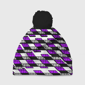 Шапка 3D c помпоном с принтом Фиолетовые треугольники и квадраты на белом фоне в Екатеринбурге, 100% полиэстер | универсальный размер, печать по всей поверхности изделия | Тематика изображения на принте: 