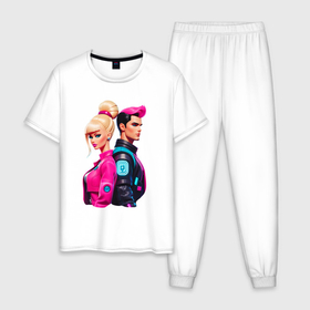 Мужская пижама хлопок с принтом Ken and Barbie   ai art в Белгороде, 100% хлопок | брюки и футболка прямого кроя, без карманов, на брюках мягкая резинка на поясе и по низу штанин
 | 