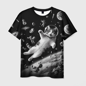 Мужская футболка 3D с принтом Офигевший котейка в безвоздушном пространстве в Кировске, 100% полиэфир | прямой крой, круглый вырез горловины, длина до линии бедер | 