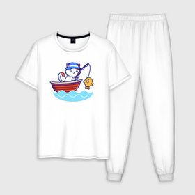 Мужская пижама хлопок с принтом Котёнок на рыбалке , 100% хлопок | брюки и футболка прямого кроя, без карманов, на брюках мягкая резинка на поясе и по низу штанин
 | Тематика изображения на принте: 