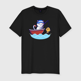 Мужская футболка хлопок Slim с принтом Котёнок на рыбалке в Петрозаводске, 92% хлопок, 8% лайкра | приталенный силуэт, круглый вырез ворота, длина до линии бедра, короткий рукав | 