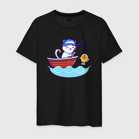 Мужская футболка хлопок с принтом Котёнок на рыбалке , 100% хлопок | прямой крой, круглый вырез горловины, длина до линии бедер, слегка спущенное плечо. | Тематика изображения на принте: 
