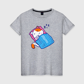 Женская футболка хлопок с принтом Спящий котёночек в Петрозаводске, 100% хлопок | прямой крой, круглый вырез горловины, длина до линии бедер, слегка спущенное плечо | 
