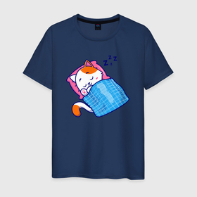 Мужская футболка хлопок с принтом Спящий котёночек , 100% хлопок | прямой крой, круглый вырез горловины, длина до линии бедер, слегка спущенное плечо. | Тематика изображения на принте: 