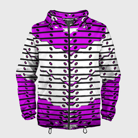 Мужская ветровка 3D с принтом Фиолетово белая техно броня в Белгороде, 100% полиэстер | подол и капюшон оформлены резинкой с фиксаторами, два кармана без застежек по бокам, один потайной карман на груди | 