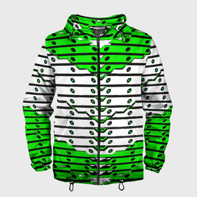 Мужская ветровка 3D с принтом Зелёно белая техно броня в Белгороде, 100% полиэстер | подол и капюшон оформлены резинкой с фиксаторами, два кармана без застежек по бокам, один потайной карман на груди | 