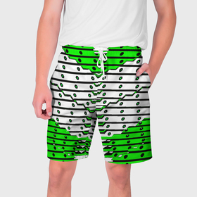 Мужские шорты 3D с принтом Зелёно белая техно броня в Петрозаводске,  полиэстер 100% | прямой крой, два кармана без застежек по бокам. Мягкая трикотажная резинка на поясе, внутри которой широкие завязки. Длина чуть выше колен | 