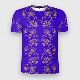 Мужская футболка 3D Slim с принтом Контурные цветы на фиолетовом фоне в Белгороде, 100% полиэстер с улучшенными характеристиками | приталенный силуэт, круглая горловина, широкие плечи, сужается к линии бедра | 