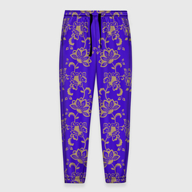 Мужские брюки 3D с принтом Контурные цветы на фиолетовом фоне в Екатеринбурге, 100% полиэстер | манжеты по низу, эластичный пояс регулируется шнурком, по бокам два кармана без застежек, внутренняя часть кармана из мелкой сетки | Тематика изображения на принте: 