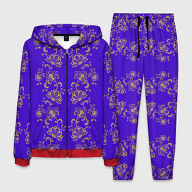 Мужской костюм 3D с принтом Контурные цветы на фиолетовом фоне в Белгороде, 100% полиэстер | Манжеты и пояс оформлены тканевой резинкой, двухслойный капюшон со шнурком для регулировки, карманы спереди | Тематика изображения на принте: 
