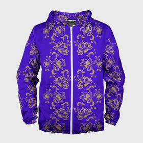 Мужская ветровка 3D с принтом Контурные цветы на фиолетовом фоне в Тюмени, 100% полиэстер | подол и капюшон оформлены резинкой с фиксаторами, два кармана без застежек по бокам, один потайной карман на груди | 