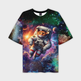 Мужская футболка oversize 3D с принтом Котик бравый космонавт   неон в Тюмени,  |  | Тематика изображения на принте: 