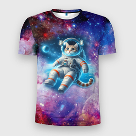 Мужская футболка 3D Slim с принтом The cat is a brave cosmonaut   ai art в Новосибирске, 100% полиэстер с улучшенными характеристиками | приталенный силуэт, круглая горловина, широкие плечи, сужается к линии бедра | 