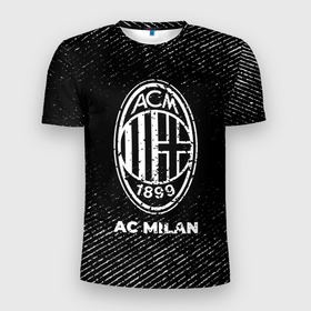 Мужская футболка 3D Slim с принтом AC Milan с потертостями на темном фоне в Петрозаводске, 100% полиэстер с улучшенными характеристиками | приталенный силуэт, круглая горловина, широкие плечи, сужается к линии бедра | 