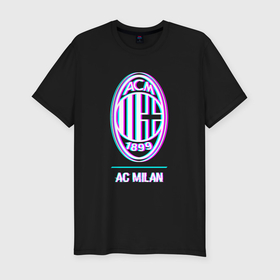 Мужская футболка хлопок Slim с принтом AC Milan FC в стиле glitch в Белгороде, 92% хлопок, 8% лайкра | приталенный силуэт, круглый вырез ворота, длина до линии бедра, короткий рукав | Тематика изображения на принте: 