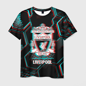 Мужская футболка 3D с принтом Liverpool FC в стиле glitch на темном фоне в Курске, 100% полиэфир | прямой крой, круглый вырез горловины, длина до линии бедер | 
