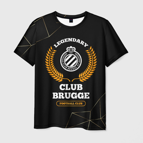 Мужская футболка 3D с принтом Лого Club Brugge и надпись legendary football club на темном фоне в Тюмени, 100% полиэфир | прямой крой, круглый вырез горловины, длина до линии бедер | 