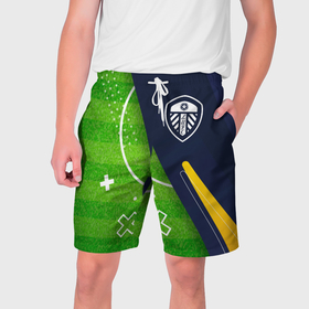 Мужские шорты 3D с принтом Leeds United football field в Санкт-Петербурге,  полиэстер 100% | прямой крой, два кармана без застежек по бокам. Мягкая трикотажная резинка на поясе, внутри которой широкие завязки. Длина чуть выше колен | 