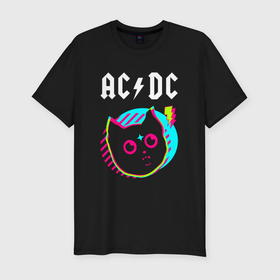 Мужская футболка хлопок Slim с принтом AC DC rock star cat в Тюмени, 92% хлопок, 8% лайкра | приталенный силуэт, круглый вырез ворота, длина до линии бедра, короткий рукав | 