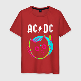 Мужская футболка хлопок с принтом AC DC rock star cat в Екатеринбурге, 100% хлопок | прямой крой, круглый вырез горловины, длина до линии бедер, слегка спущенное плечо. | Тематика изображения на принте: 