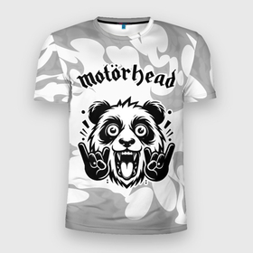 Мужская футболка 3D Slim с принтом Motorhead рок панда на светлом фоне в Екатеринбурге, 100% полиэстер с улучшенными характеристиками | приталенный силуэт, круглая горловина, широкие плечи, сужается к линии бедра | 