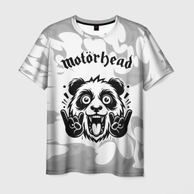 Мужская футболка 3D с принтом Motorhead рок панда на светлом фоне в Курске, 100% полиэфир | прямой крой, круглый вырез горловины, длина до линии бедер | 