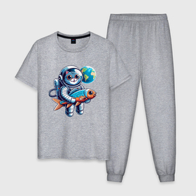 Мужская пижама хлопок с принтом Котик космонавт с рыбой   нейросеть в Белгороде, 100% хлопок | брюки и футболка прямого кроя, без карманов, на брюках мягкая резинка на поясе и по низу штанин
 | 