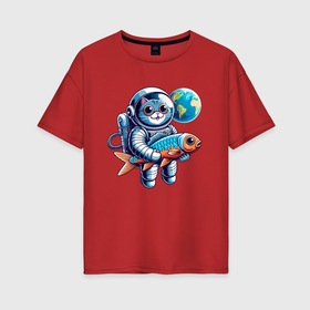 Женская футболка хлопок Oversize с принтом Котик космонавт с рыбой   нейросеть в Кировске, 100% хлопок | свободный крой, круглый ворот, спущенный рукав, длина до линии бедер
 | 