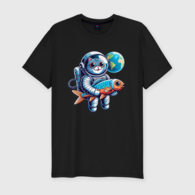Мужская футболка хлопок Slim с принтом Котик космонавт с рыбой   нейросеть , 92% хлопок, 8% лайкра | приталенный силуэт, круглый вырез ворота, длина до линии бедра, короткий рукав | Тематика изображения на принте: 