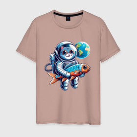 Мужская футболка хлопок с принтом Котик космонавт с рыбой   нейросеть в Белгороде, 100% хлопок | прямой крой, круглый вырез горловины, длина до линии бедер, слегка спущенное плечо. | 