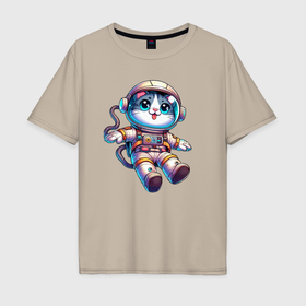 Мужская футболка хлопок Oversize с принтом Котёнок бравый космонавт   нейросеть в Тюмени, 100% хлопок | свободный крой, круглый ворот, “спинка” длиннее передней части | 