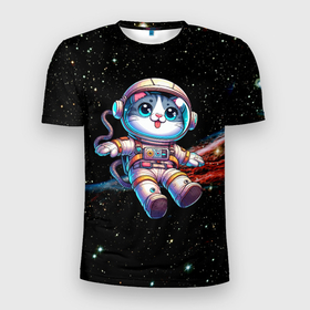 Мужская футболка 3D Slim с принтом Котёнок космонавт в открытом космосе в Санкт-Петербурге, 100% полиэстер с улучшенными характеристиками | приталенный силуэт, круглая горловина, широкие плечи, сужается к линии бедра | 