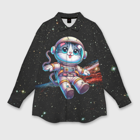 Мужская рубашка oversize 3D с принтом Котёнок космонавт в открытом космосе ,  |  | 