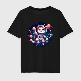 Мужская футболка хлопок Oversize с принтом Funny kitten astronaut   ai art в Петрозаводске, 100% хлопок | свободный крой, круглый ворот, “спинка” длиннее передней части | Тематика изображения на принте: 