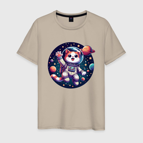 Мужская футболка хлопок с принтом Funny kitten astronaut   ai art в Екатеринбурге, 100% хлопок | прямой крой, круглый вырез горловины, длина до линии бедер, слегка спущенное плечо. | 