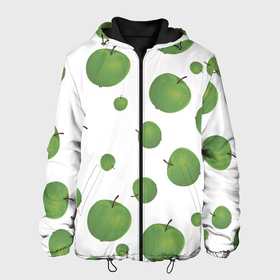 Мужская куртка 3D с принтом Зелёные яблоки фон в Екатеринбурге, ткань верха — 100% полиэстер, подклад — флис | прямой крой, подол и капюшон оформлены резинкой с фиксаторами, два кармана без застежек по бокам, один большой потайной карман на груди. Карман на груди застегивается на липучку | 