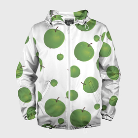 Мужская ветровка 3D с принтом Зелёные яблоки фон в Кировске, 100% полиэстер | подол и капюшон оформлены резинкой с фиксаторами, два кармана без застежек по бокам, один потайной карман на груди | 