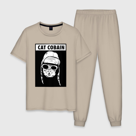 Мужская пижама хлопок с принтом Cat cobain в городе Новоалтайск, 100% хлопок | брюки и футболка прямого кроя, без карманов, на брюках мягкая резинка на поясе и по низу штанин
 | 