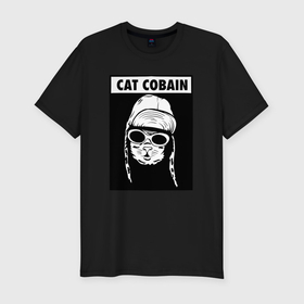 Мужская футболка хлопок Slim с принтом Cat cobain в городе Новоалтайск, 92% хлопок, 8% лайкра | приталенный силуэт, круглый вырез ворота, длина до линии бедра, короткий рукав | 
