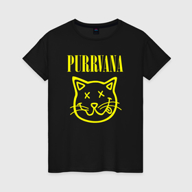 Женская футболка хлопок с принтом Purrvana в Белгороде, 100% хлопок | прямой крой, круглый вырез горловины, длина до линии бедер, слегка спущенное плечо | 
