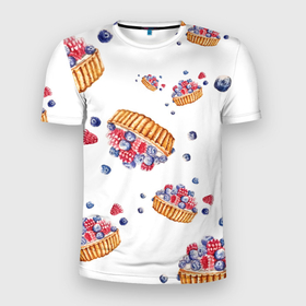 Мужская футболка 3D Slim с принтом Акварель Песочная корзинка с ягодами в Новосибирске, 100% полиэстер с улучшенными характеристиками | приталенный силуэт, круглая горловина, широкие плечи, сужается к линии бедра | 