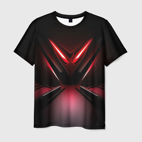Мужская футболка 3D с принтом Красно черная объемная абстракция  с  неоном , 100% полиэфир | прямой крой, круглый вырез горловины, длина до линии бедер | Тематика изображения на принте: 