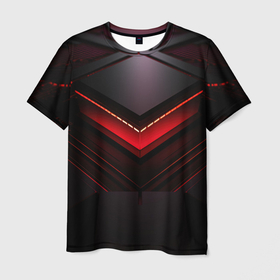 Мужская футболка 3D с принтом Красно   черная  объемная  абстракция  с  неоном , 100% полиэфир | прямой крой, круглый вырез горловины, длина до линии бедер | 