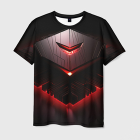 Мужская футболка 3D с принтом Красно   черная объемная  абстракция  с  неоном , 100% полиэфир | прямой крой, круглый вырез горловины, длина до линии бедер | 