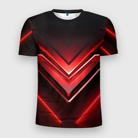 Мужская футболка 3D Slim с принтом Красно   черная объемная абстракция  с неоном в Санкт-Петербурге, 100% полиэстер с улучшенными характеристиками | приталенный силуэт, круглая горловина, широкие плечи, сужается к линии бедра | 