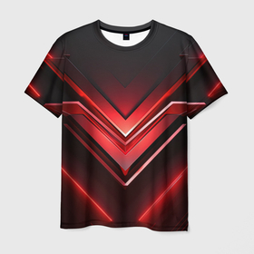 Мужская футболка 3D с принтом Красно   черная объемная абстракция  с неоном , 100% полиэфир | прямой крой, круглый вырез горловины, длина до линии бедер | Тематика изображения на принте: 