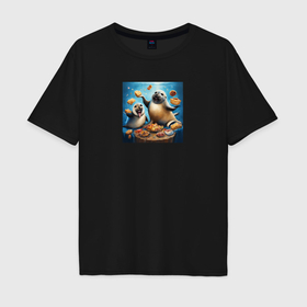 Мужская футболка хлопок Oversize с принтом Тюлени в Кировске, 100% хлопок | свободный крой, круглый ворот, “спинка” длиннее передней части | 