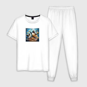 Мужская пижама хлопок с принтом Тюлени в Тюмени, 100% хлопок | брюки и футболка прямого кроя, без карманов, на брюках мягкая резинка на поясе и по низу штанин
 | 